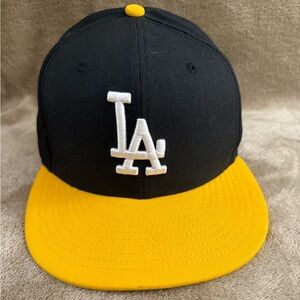 LA Dodgers Size 7 Black & Yellow 59fifty New Era Fitted Hat
